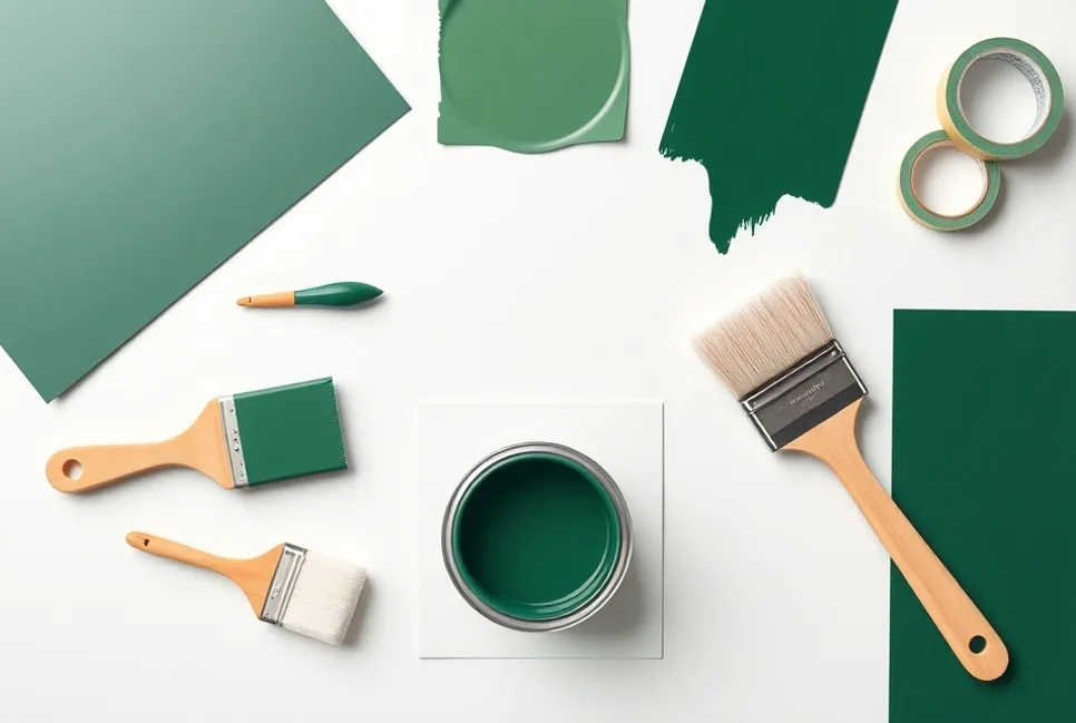 Pots de peinture, nuancier, brosses et rouleaux disposés à plat