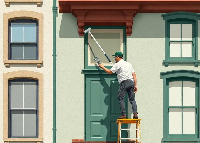 Peintre sur échafaudage traitant la façade d'une maison